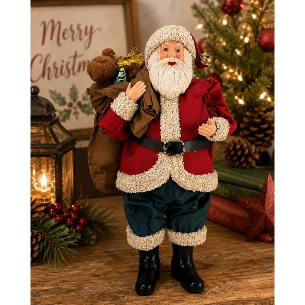 Vintage Paper Mache Santa Claus Figurine 9” Teddy Bear Gift Sack Christmas Decor